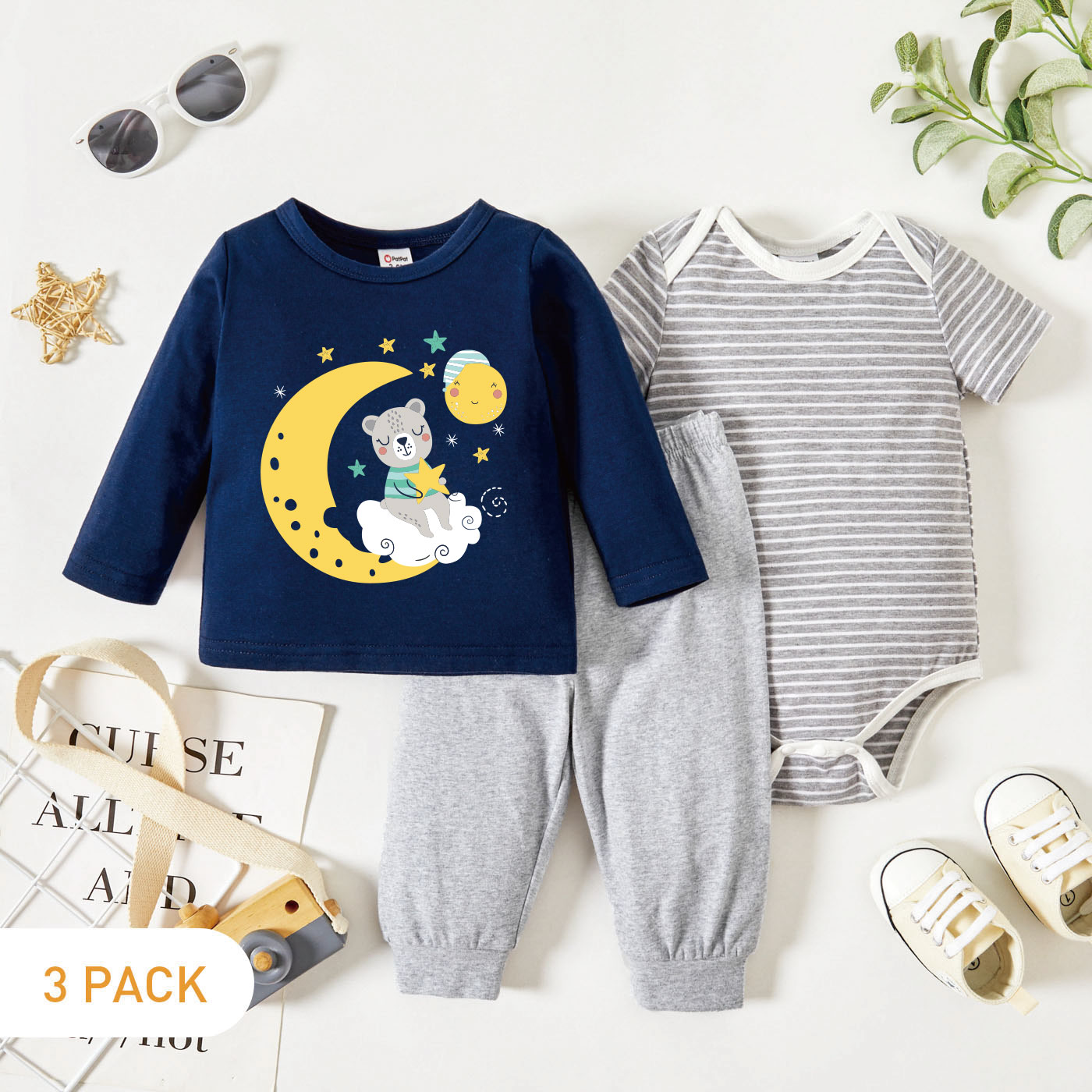 

3-Pack Baby Boy Graphic Bear Print & Striped Romper Tee Pants Set