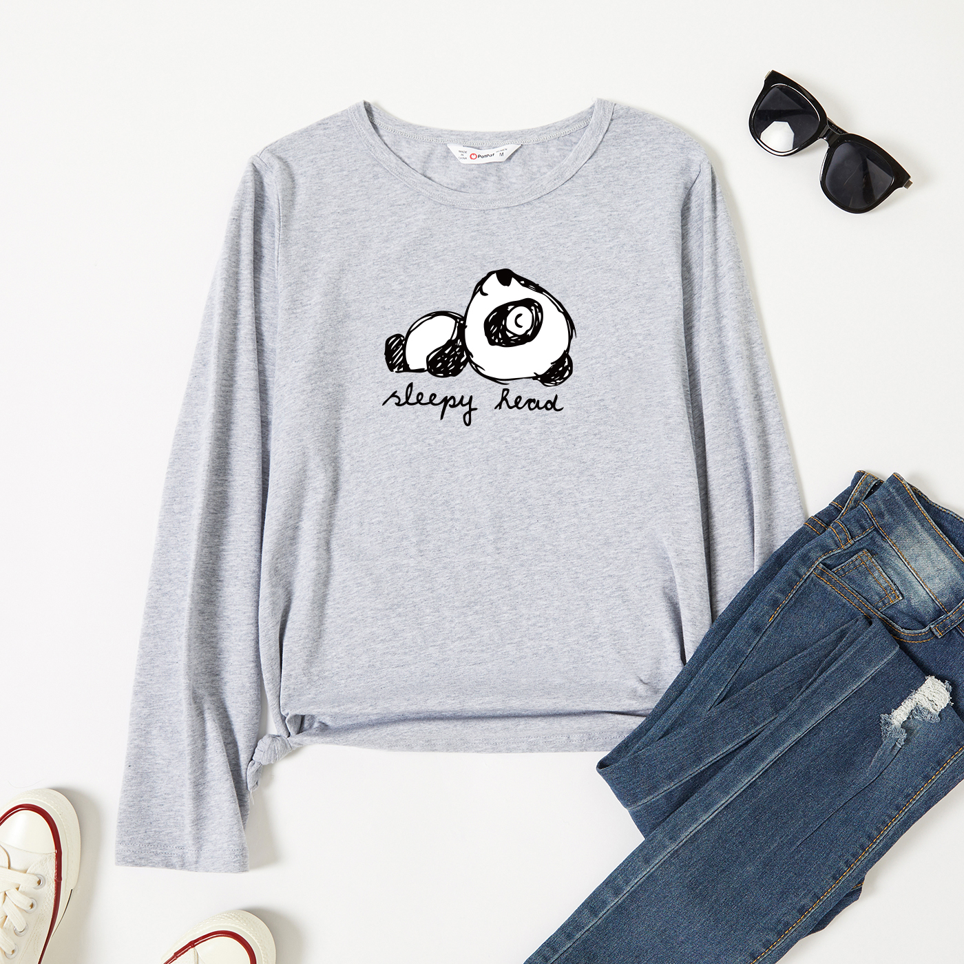 

Women Graphic Panda and Letter Print Round-collar Long-sleeve Tee