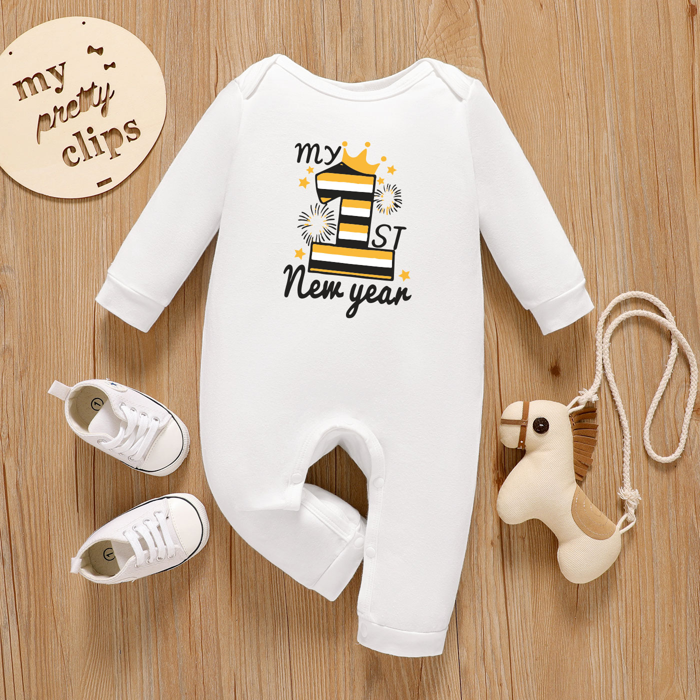 

Baby Graphic Letter and Stars and Number Print Long-sleeve Jumpsuit