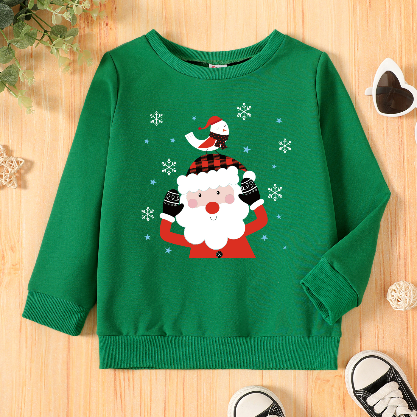 

Christmas Toddler Graphic Santa and Bird and Snowflake Print Long-sleeve Pullover