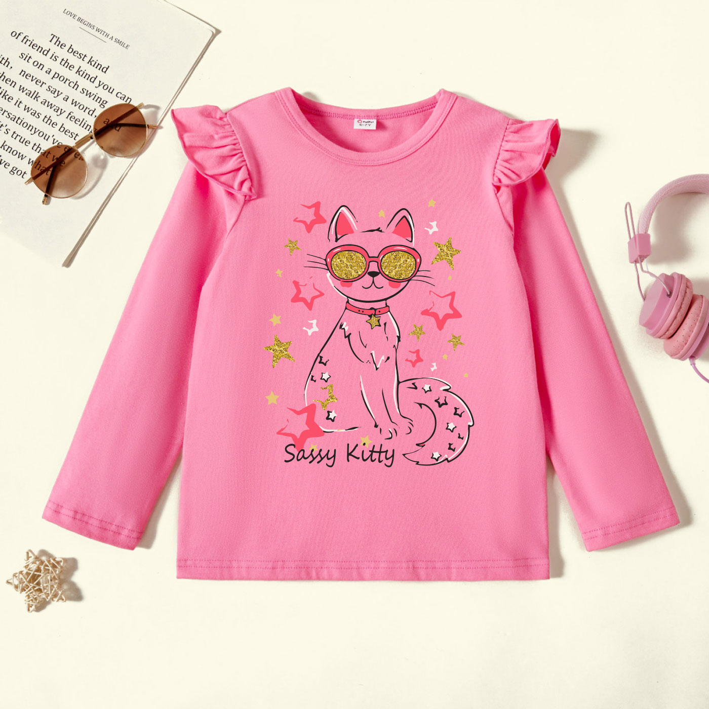 

Kids Girl Graphic Cat & Letter Print Long-sleeve Ruffled Tee