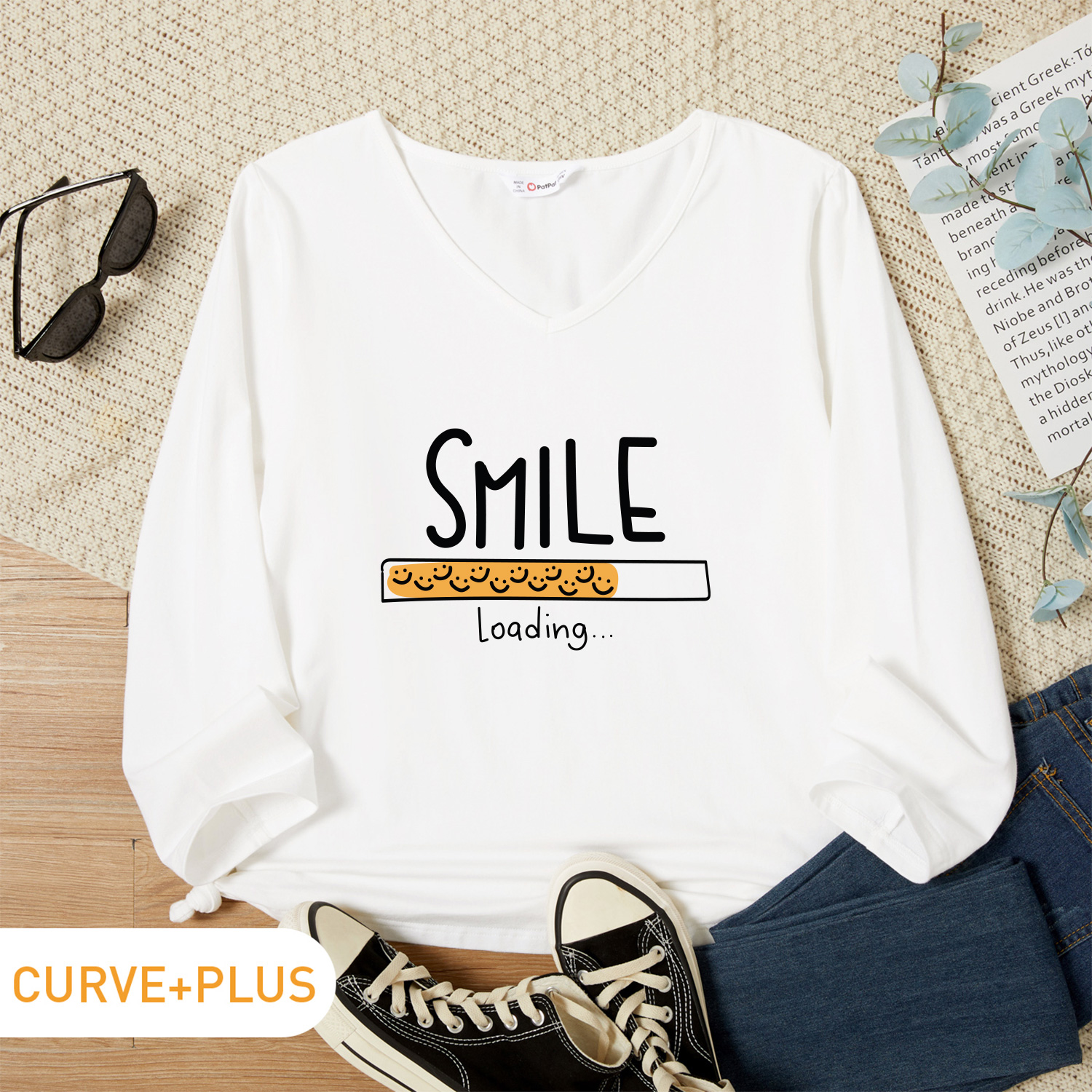 

Woman Plus Size Graphic Letter Print V Neck Long-sleeve Tee