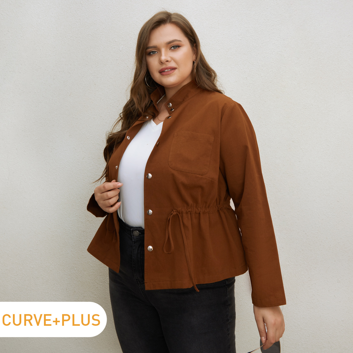 

Women Plus Size 100% Cotton Elegant Stand Collar Button Design Drawstring Jacket