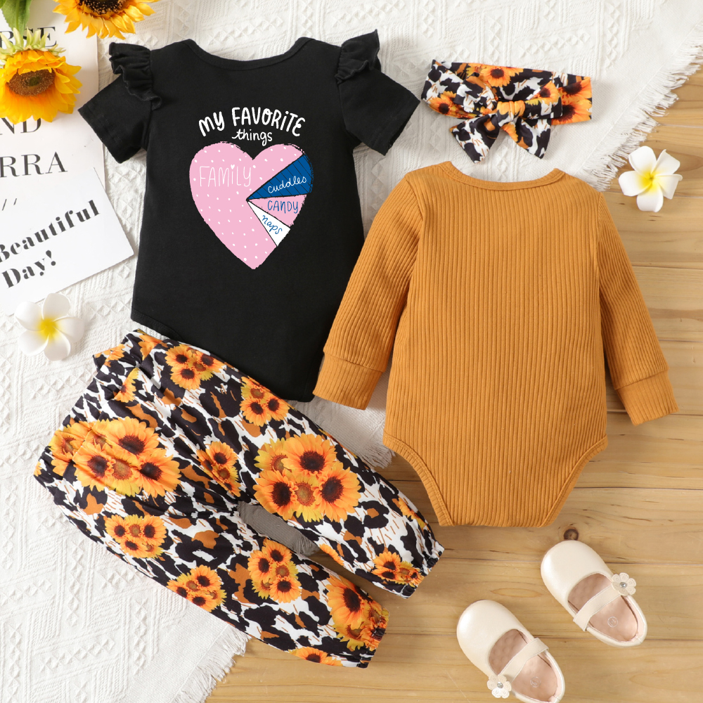 

4-Pack Baby Girl Graphic Floral & Heart Print Ruffled Romper Pants Set