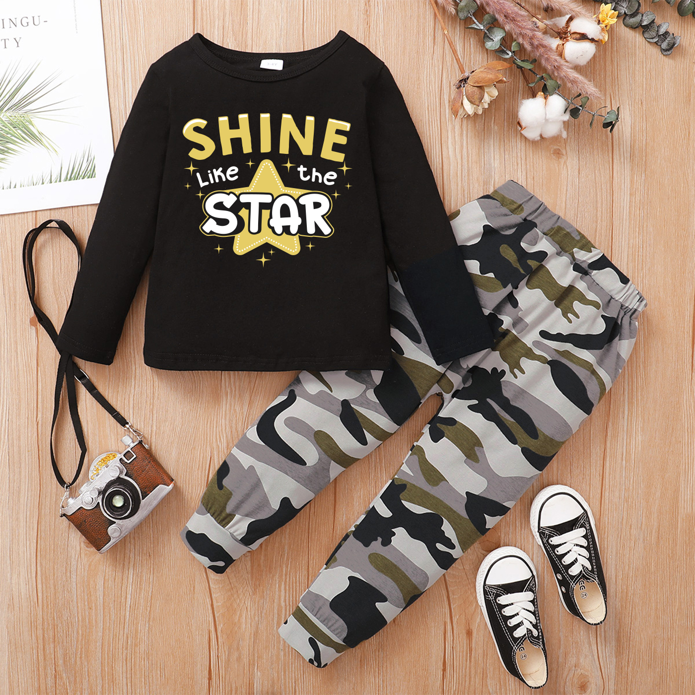 

2-Pack Toddler Boy Graphic Camouflage & Letter Print Long-sleeve Tee Pants Set