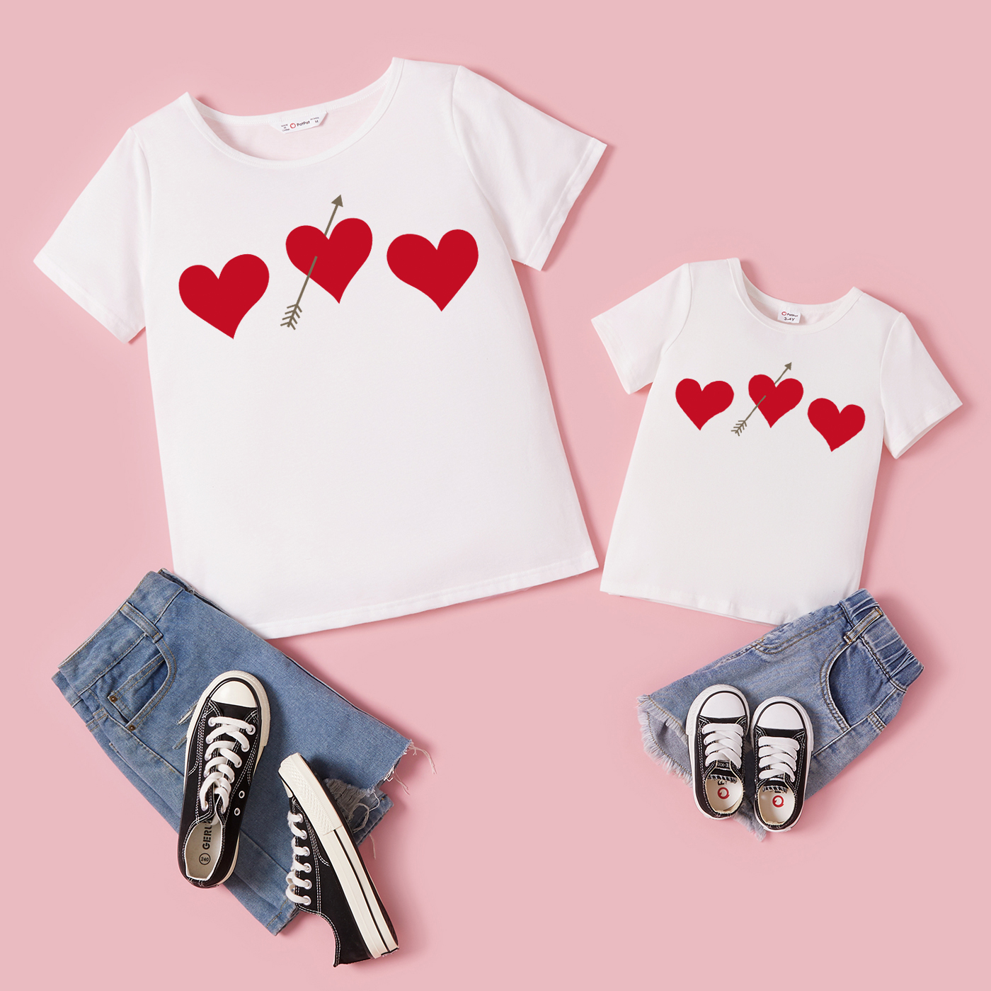

Valentine's Day Love Heart Print Cotton White Short-sleeve T-shirts for Mom and Me