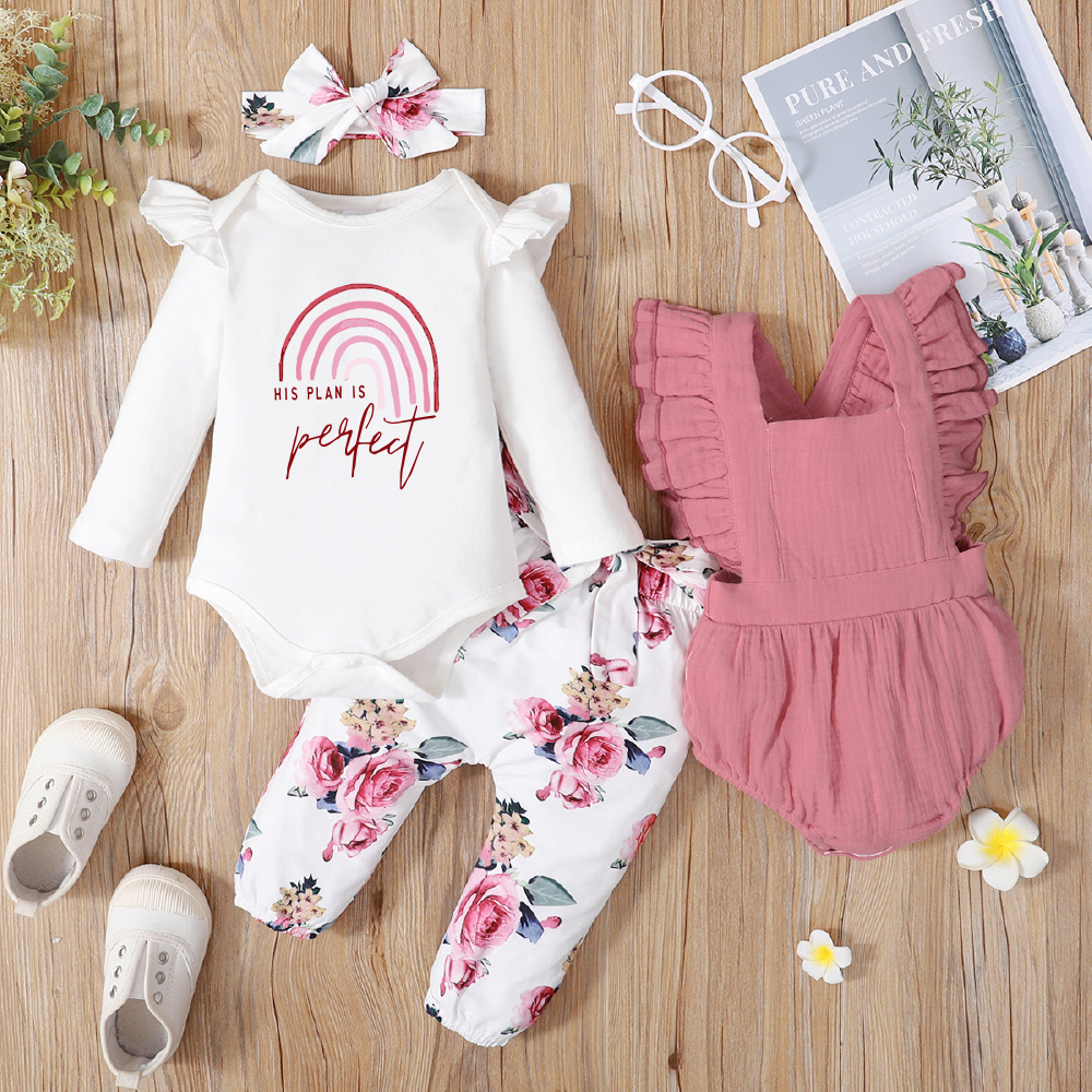 

4-Pack Baby Girl Graphic Floral & Letter Print Ruffled Romper Pants Set