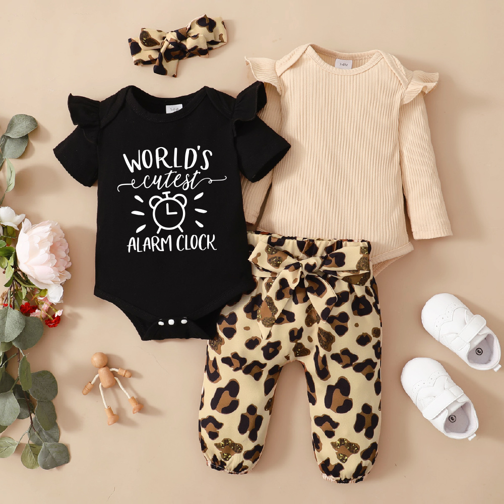 

4-Pack Baby Girl Graphic Leopard & Letter Print Ruffled Romper Pants Set