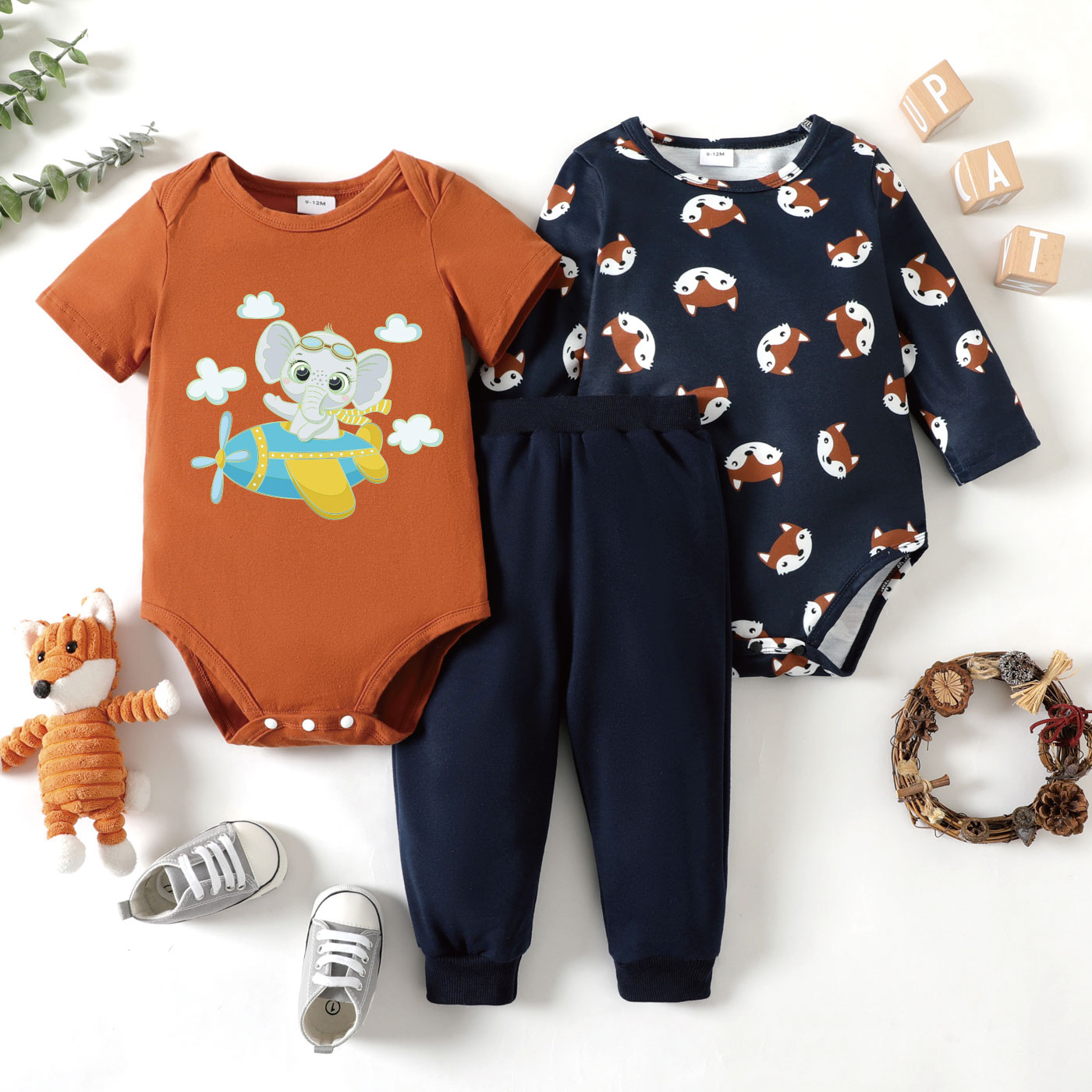 

3-Pack Baby Boy Graphic Elephant & Fox Print Romper Pants Set