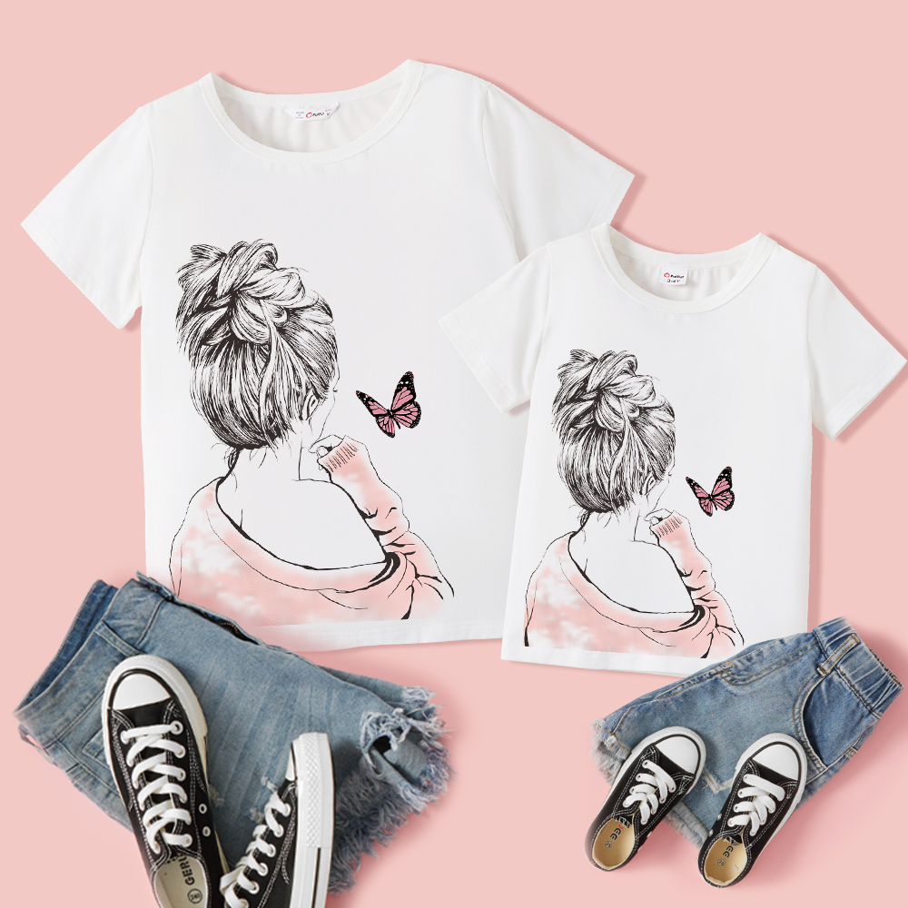 

100% Cotton Mommy and Me Girl Butterfly Print White Matching Short-sleeve T-shirts