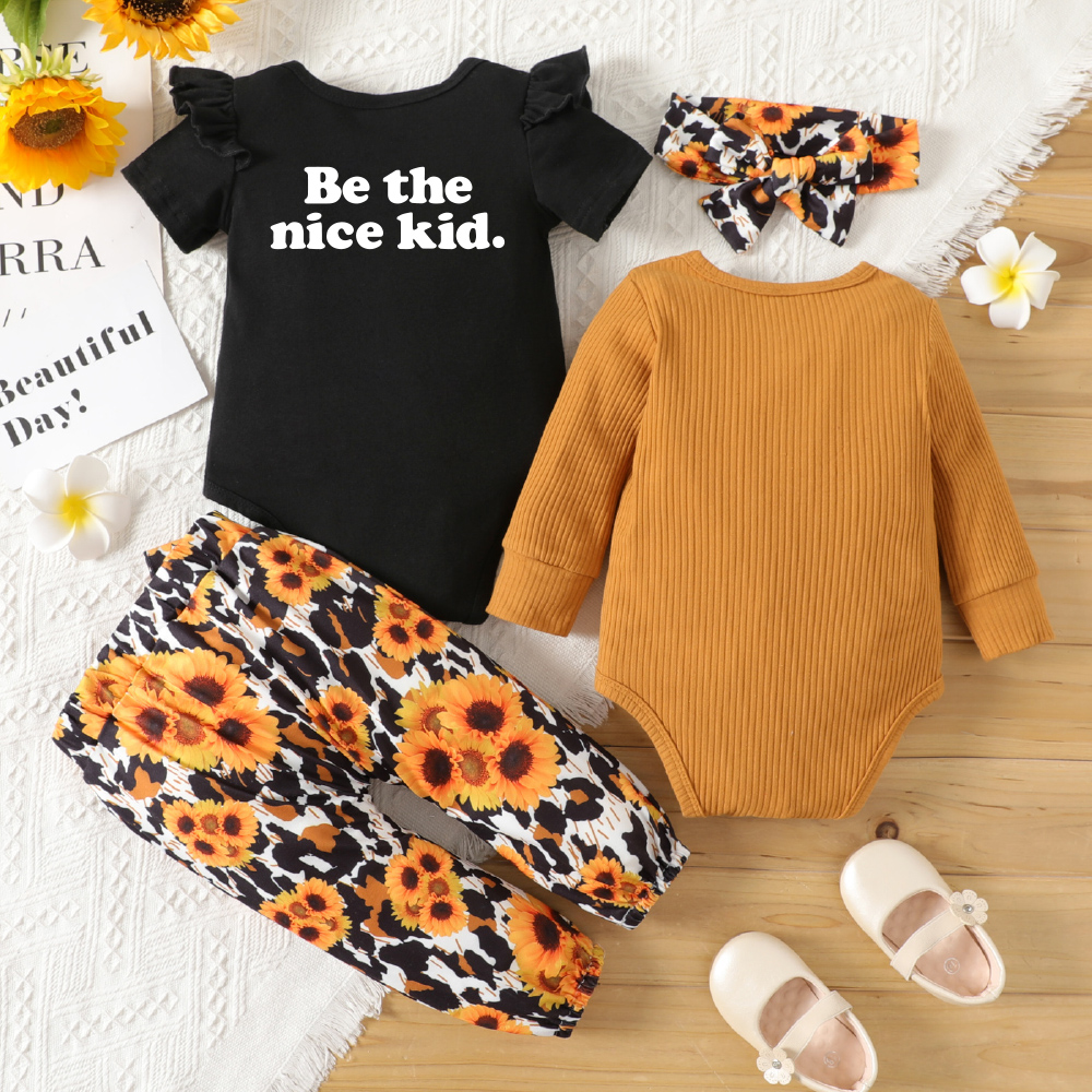 

4-Pack Baby Girl Graphic Floral & Letter Print Ruffled Romper Pants Set