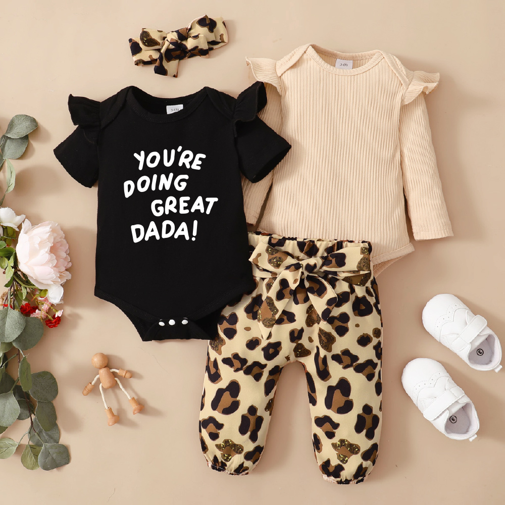 

4-Pack Baby Girl Graphic Leopard & Letter Print Ruffled Romper Pants Set