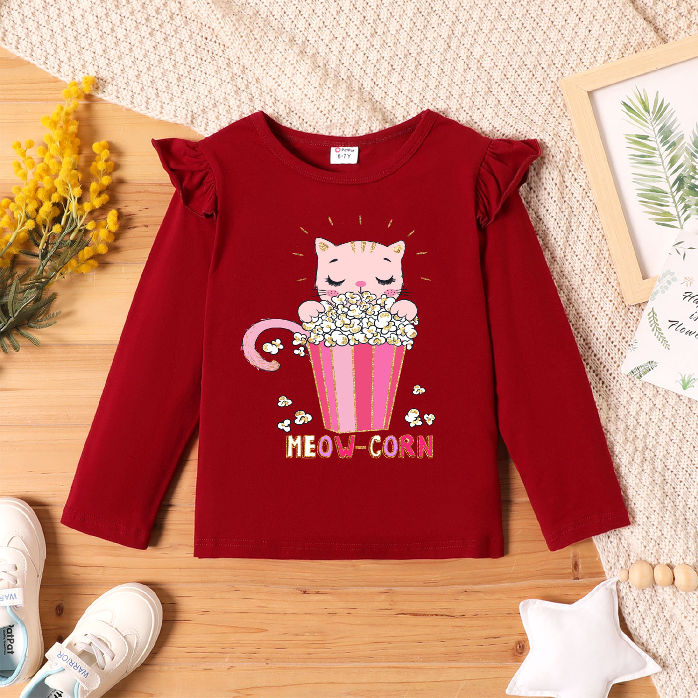 

Kids Girl Graphic Cat Print Long-sleeve Ruffled Tee
