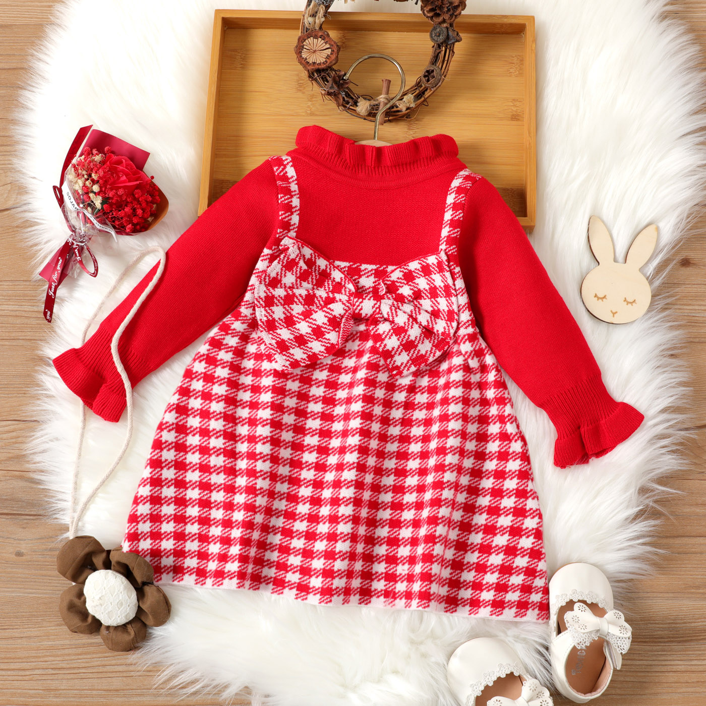 

Baby Girl Ruffle Collar Bowknot Design Plaid Faux-two Long-sleeve Dress