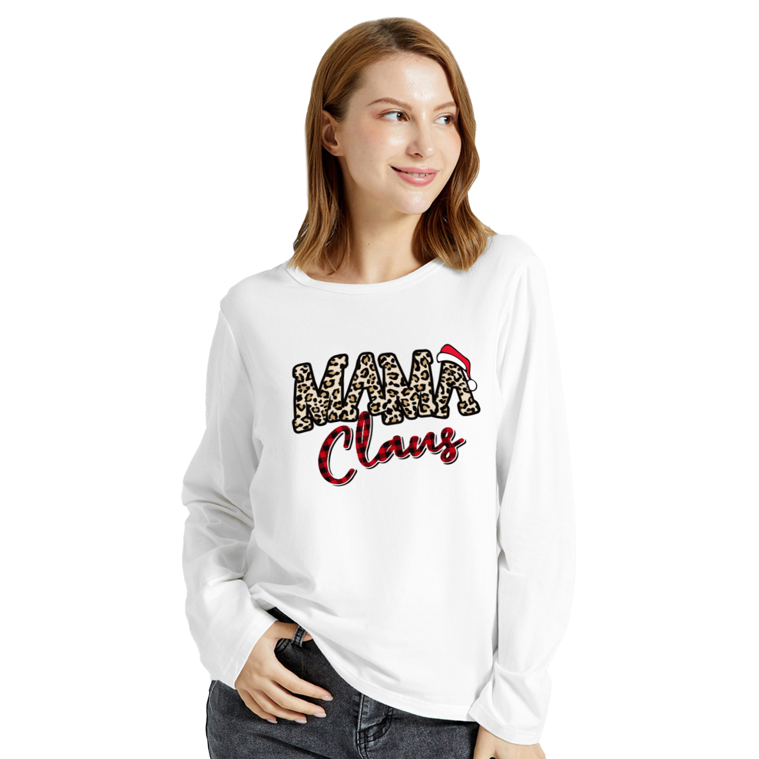 

Christmas Women Graphic Letter Print Round-collar Long-sleeve Tee