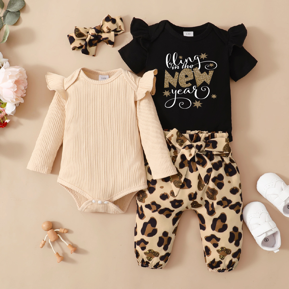 

4-Pack Baby Girl Graphic Leopard & Letter Print Ruffled Romper Pants Set