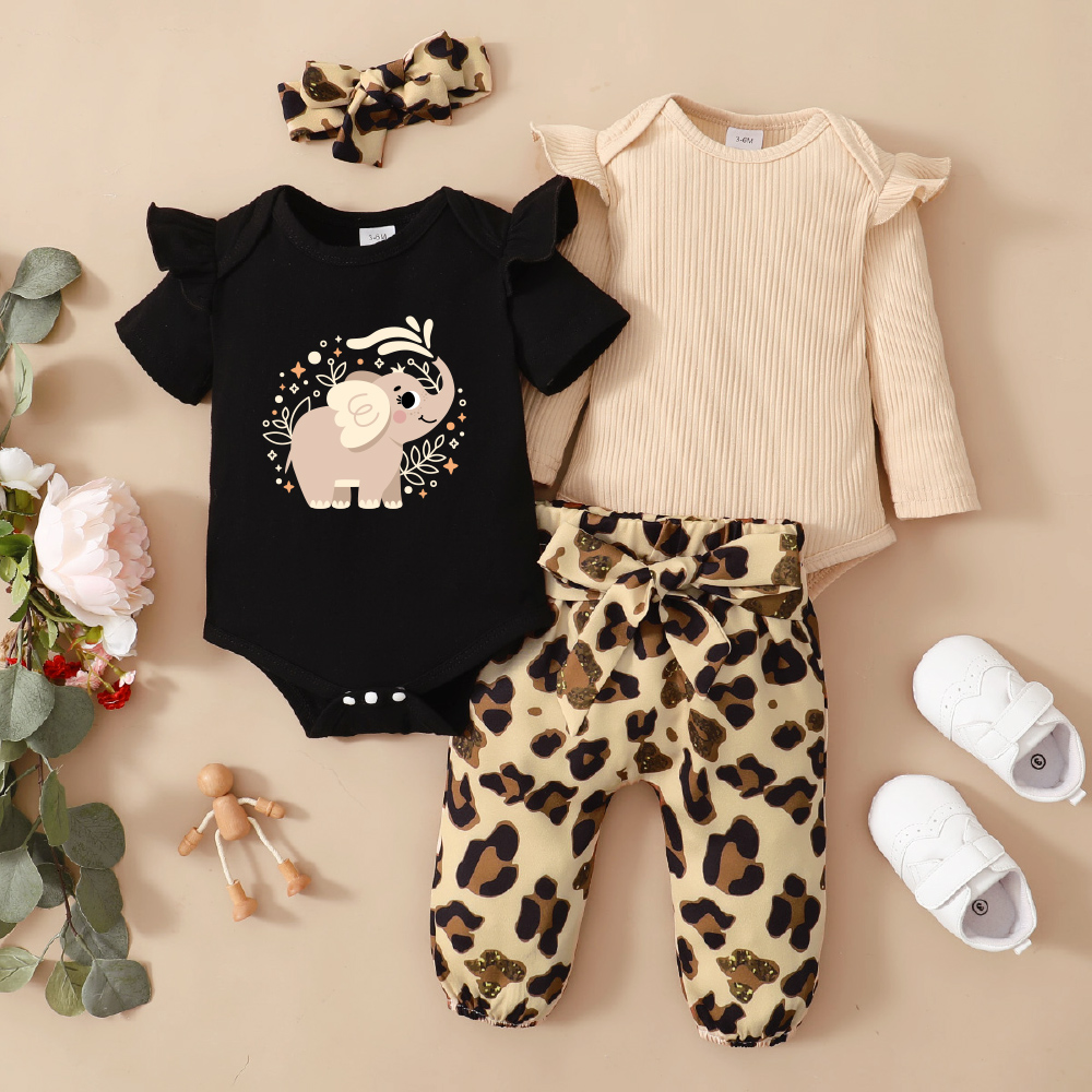 

4-Pack Baby Girl Graphic Leopard & Elephant Print Ruffled Romper Pants Set
