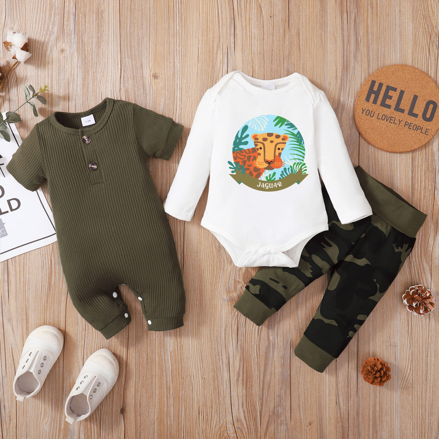

3-Pack Baby Boy Graphic Camouflage & Leopard Print Jumpsuit Romper Pants Set