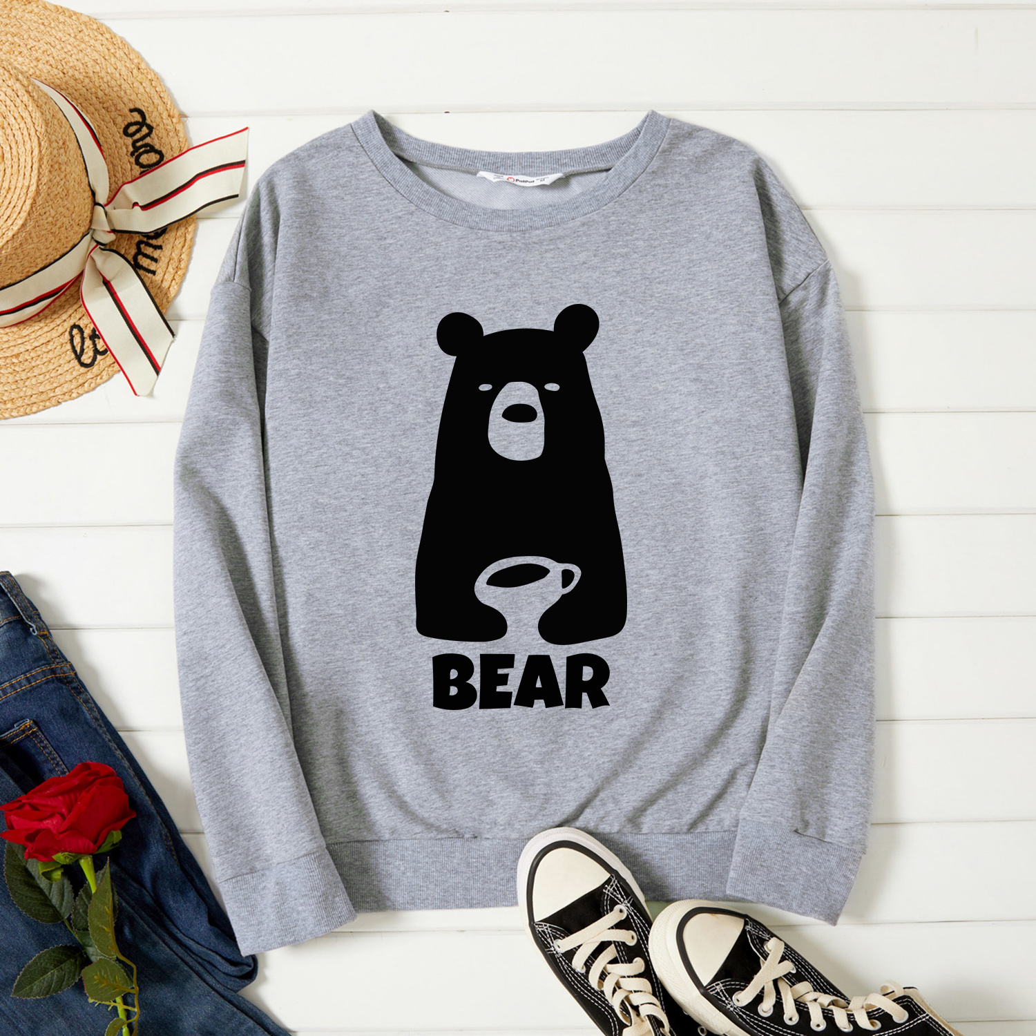

Woman Graphic Letter & Bear Print Long-sleeve Pullover