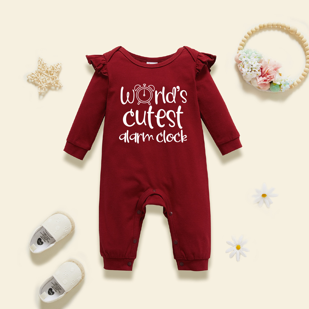 

Baby Girl Graphic Letter and Clock Print Ruffled Long-sleeve Jumpsuit