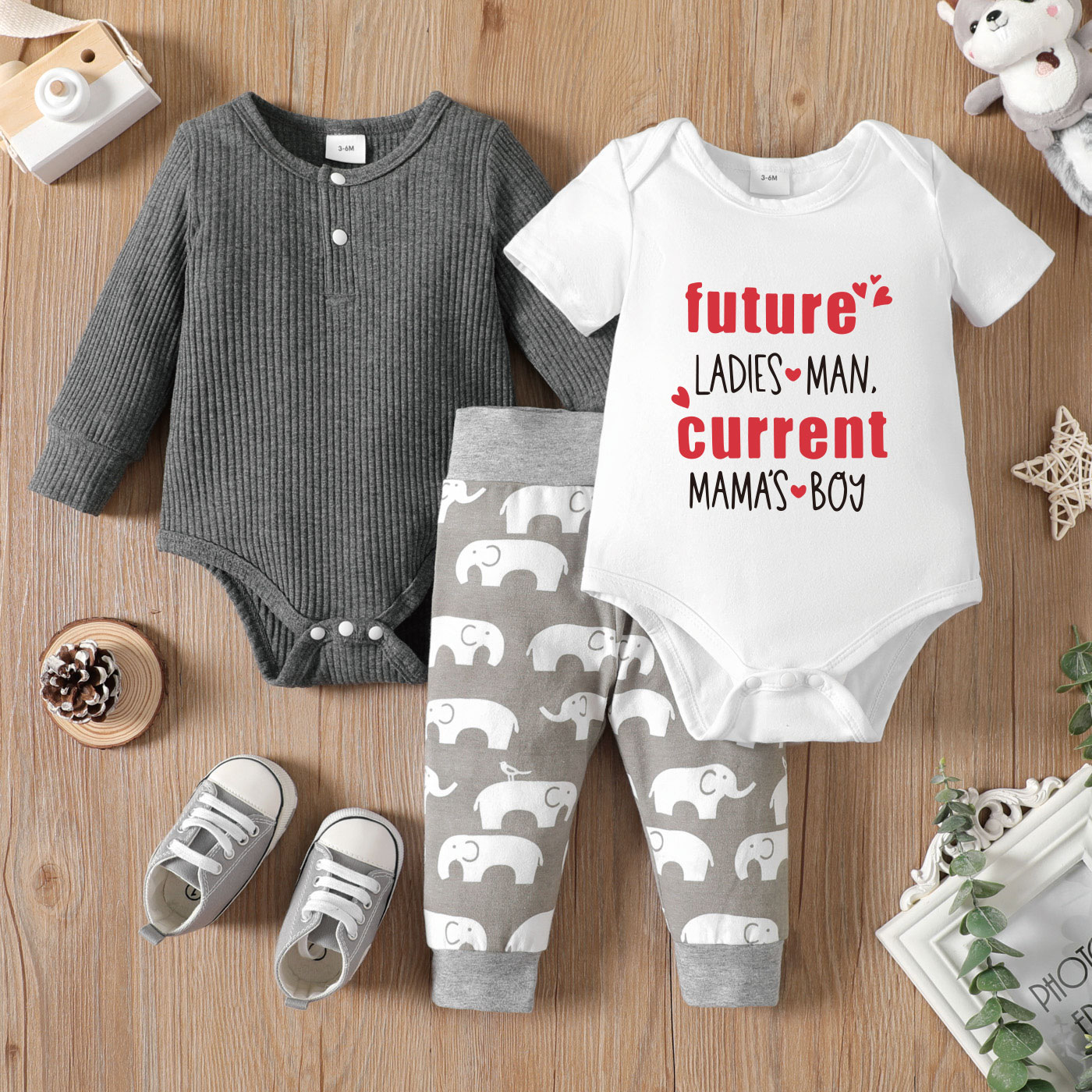 

3-Pack Baby Boy Graphic Elephant & Letter Print Romper Pants Set