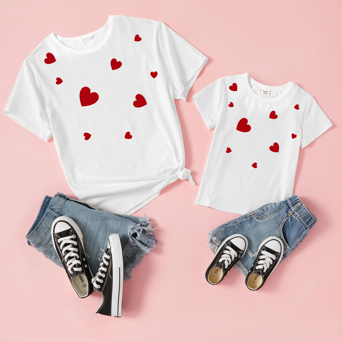 

Valentine's Day Love Heart Print White 100% Cotton Short-sleeve T-shirts for Mom and Me