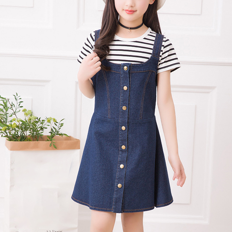 

Kid Girl Button Design Denim Overall Dress