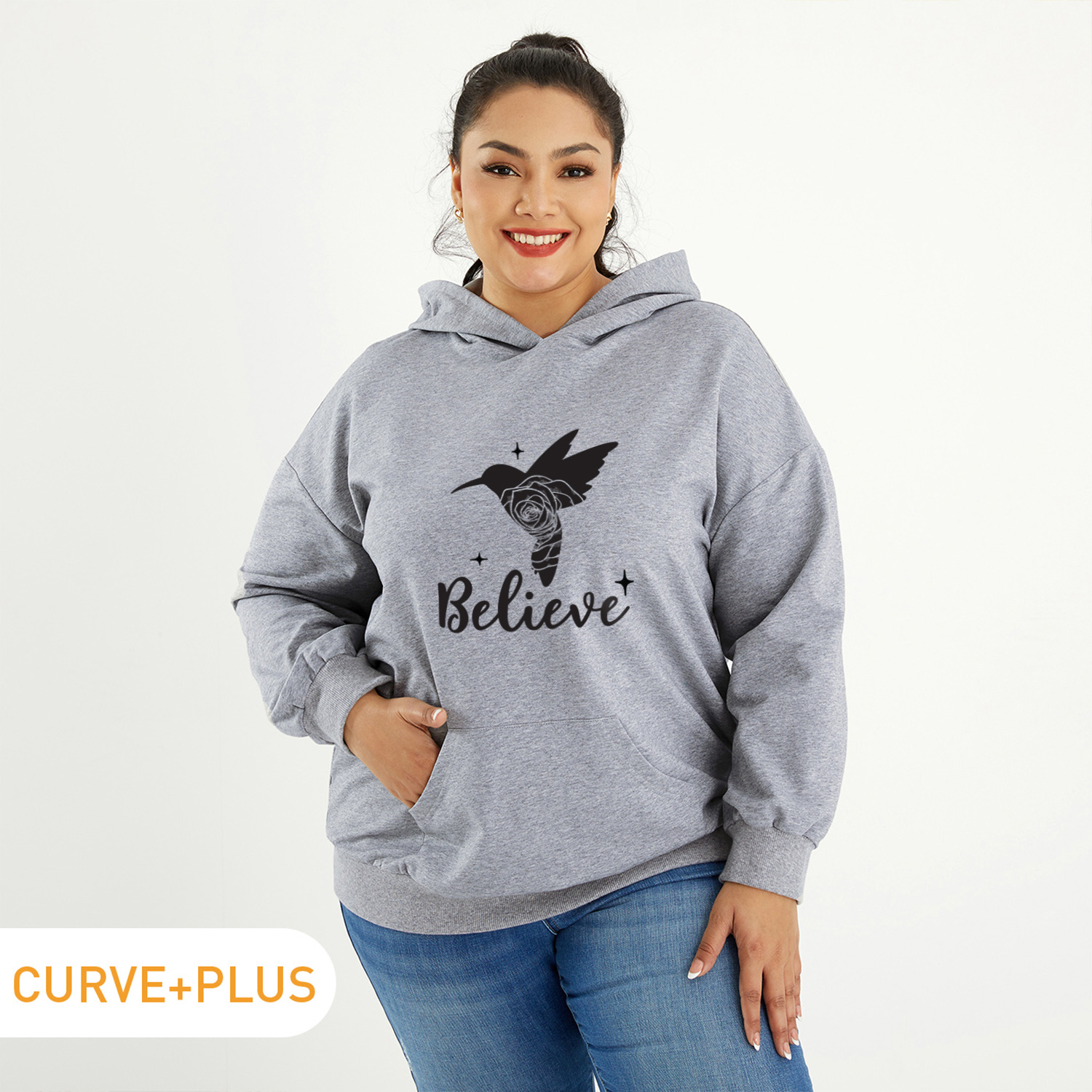 

Woman Plus Size Graphic Bird Print Long-sleeve Hooded Pullover