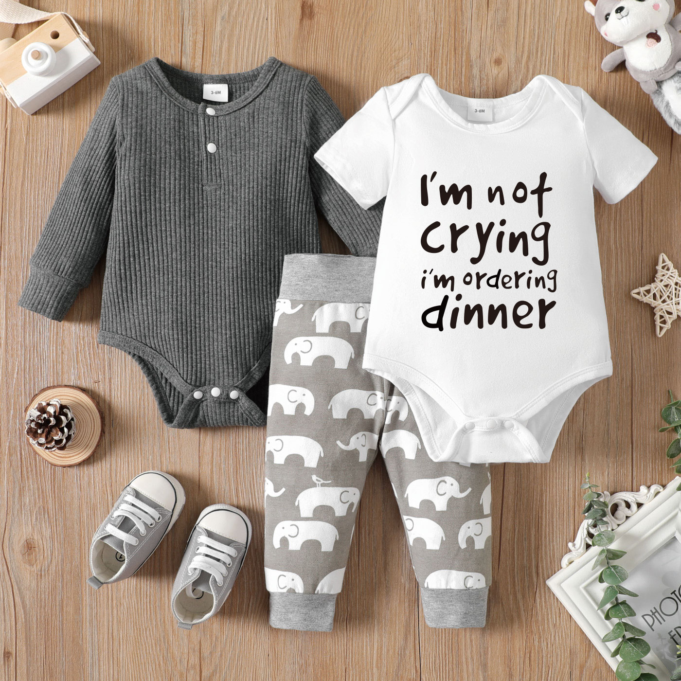 

3-Pack Baby Boy Graphic Elephant & Letter Print Romper Pants Set