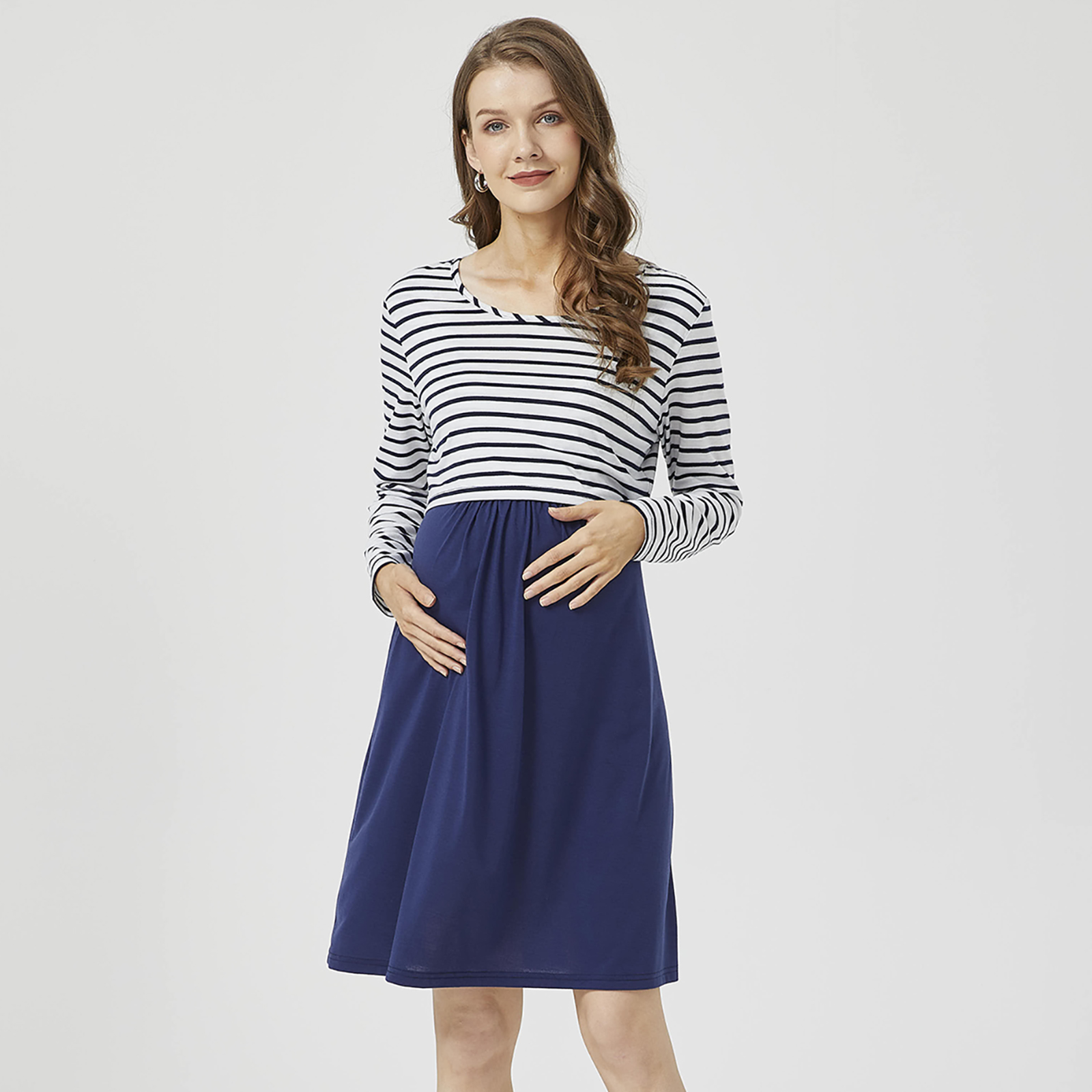 

Nursing Striped Panel Long-sleeve Nursing Dress