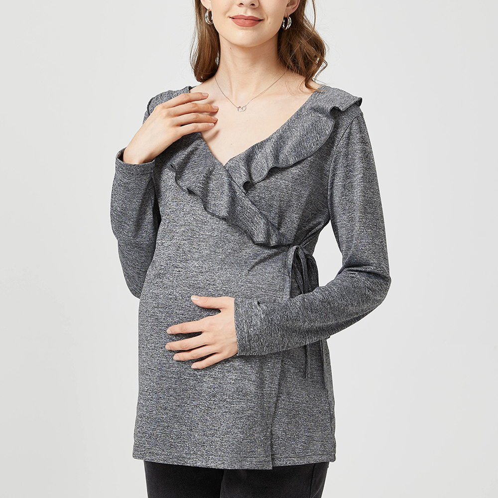 

Nursing Pure Color Ruffle Collar Lace-up Long-sleeve Tee