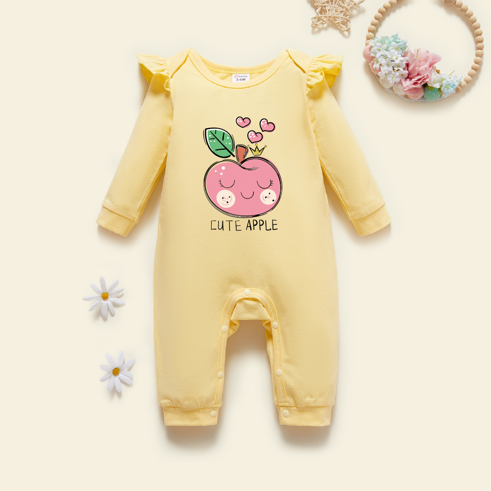 

Baby Girl Graphic Apple Print Long-sleeve Ruffled Jumpsuit