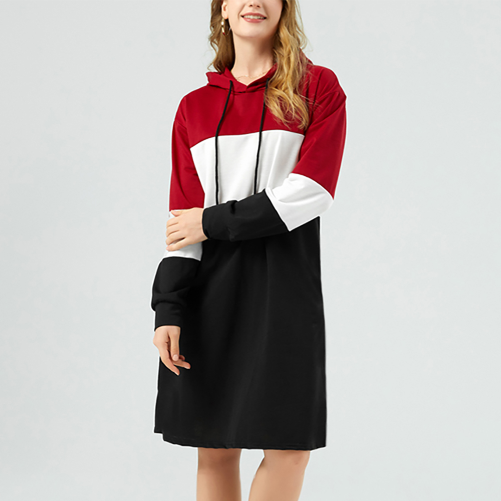 

Color Block Long-sleeve Drawstring Hooded Midi Dress