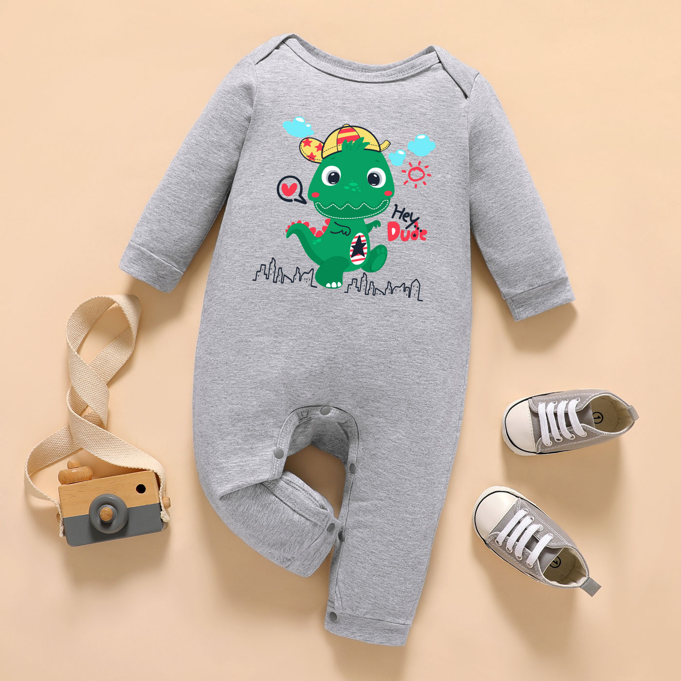 

Baby Boy Graphic Dinosaur Print Long-sleeve Jumpsuit
