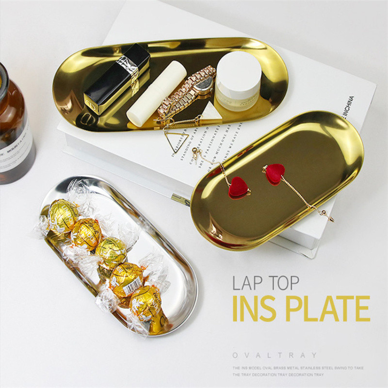

Gold Oval Stainless Steel Storage Tray Fruit Trays Cosmetics Jewelry Organizer