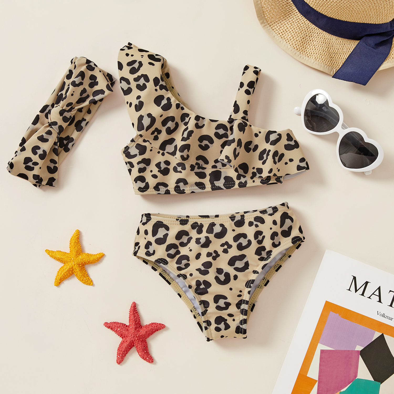 

3pcs Baby Girl Leopard Sleeveless Ruffle Two-Piece Swimsuit with Headband