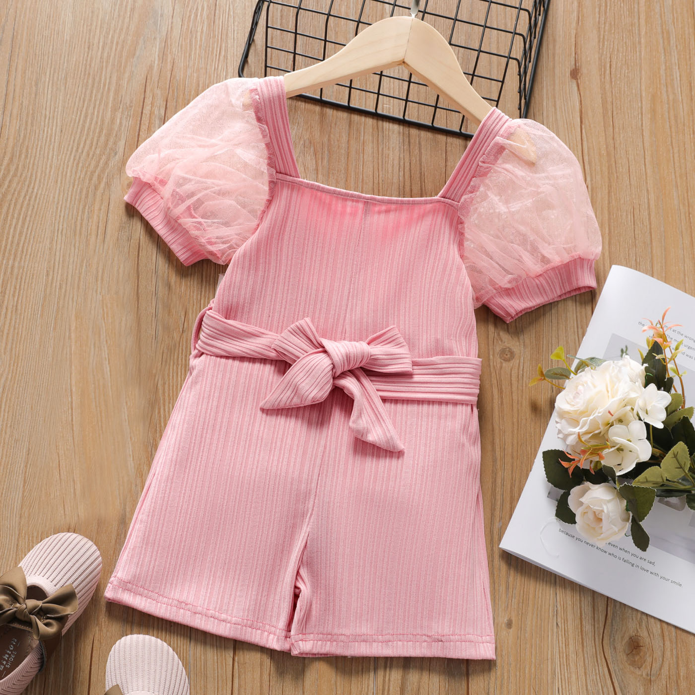 

Toddler Girl Square Neck Mesh Puff-sleeve Belted Pink Romper Jumpsuit Shorts