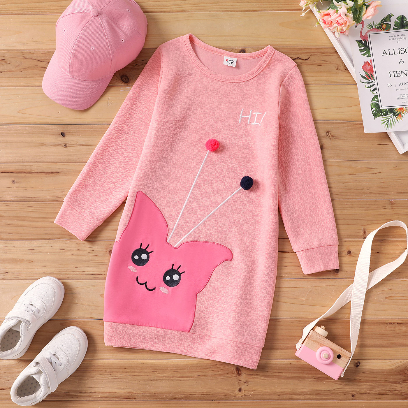 

Kid Girl Letter Cute Animal Print Pompom Design Pink Long-sleeve Sweatshirt Dress