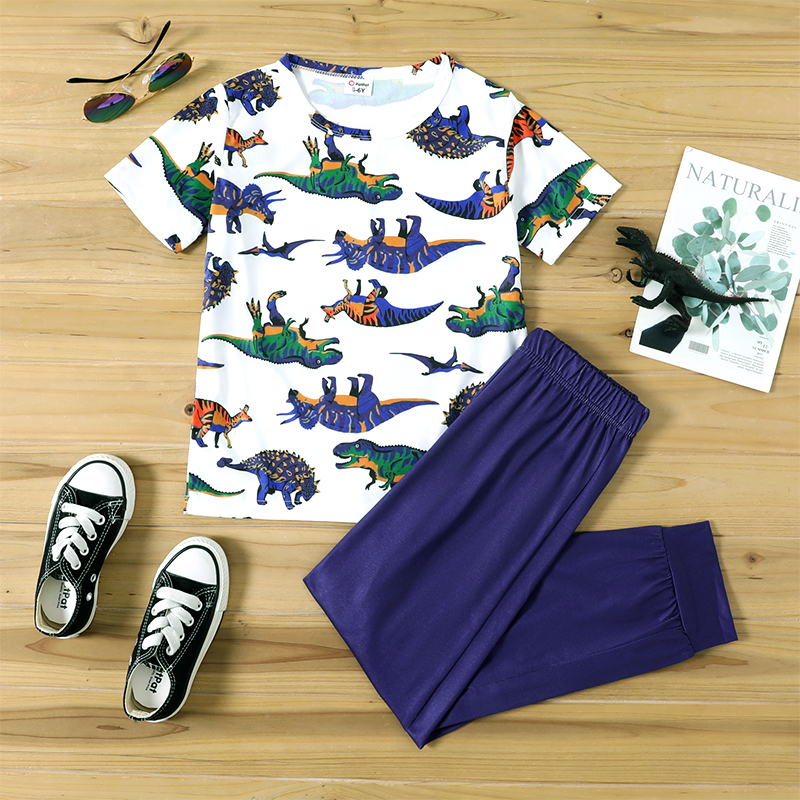 

2-piece Kid Boy Animal Dinosaur Print Short-sleeve Tee and Elasticized Navy Pants Set