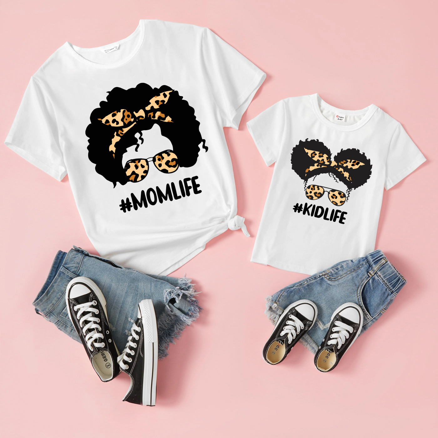 

Leopard Girl and Letter Print White 100% Cotton Short-sleeve T-shirts for Mom and Me
