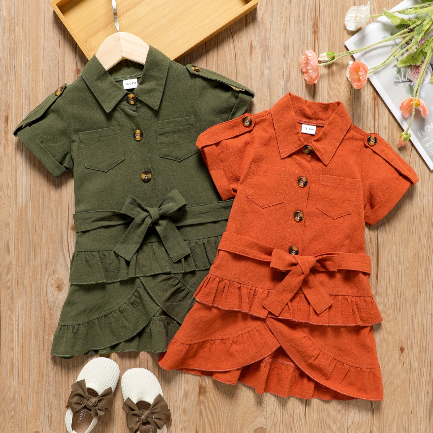 

Toddler Girl 100% Cotton Faux-two Ruffled Button Design Short-sleeve Dress