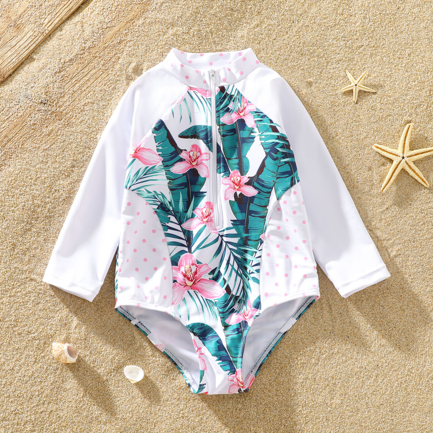 

Toddler Girl Floral Print Zipper Design Long-sleeve Onepiece Swimsuit