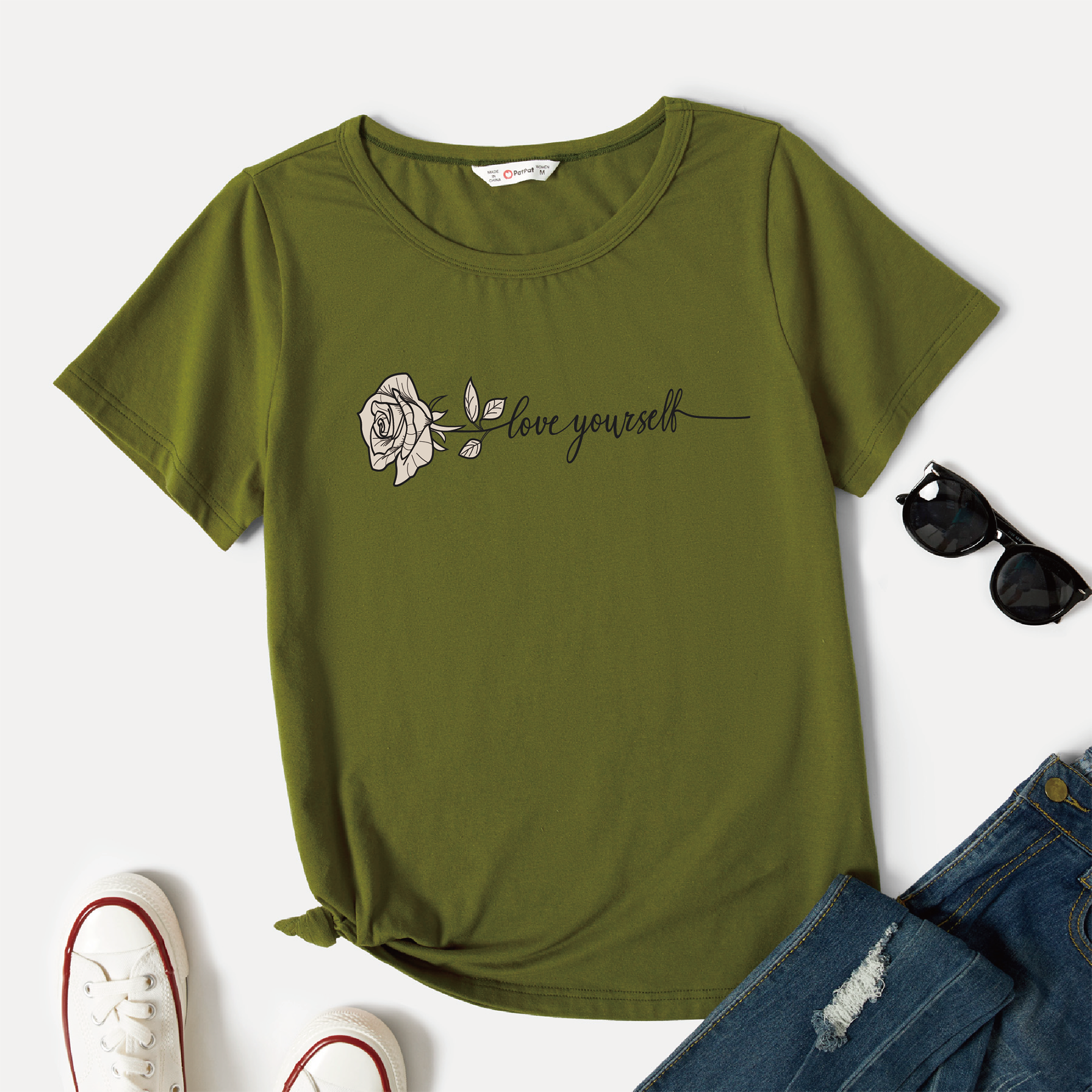 

Women Graphic Floral and Letter Print Round-collar Short-sleeve T-shirt