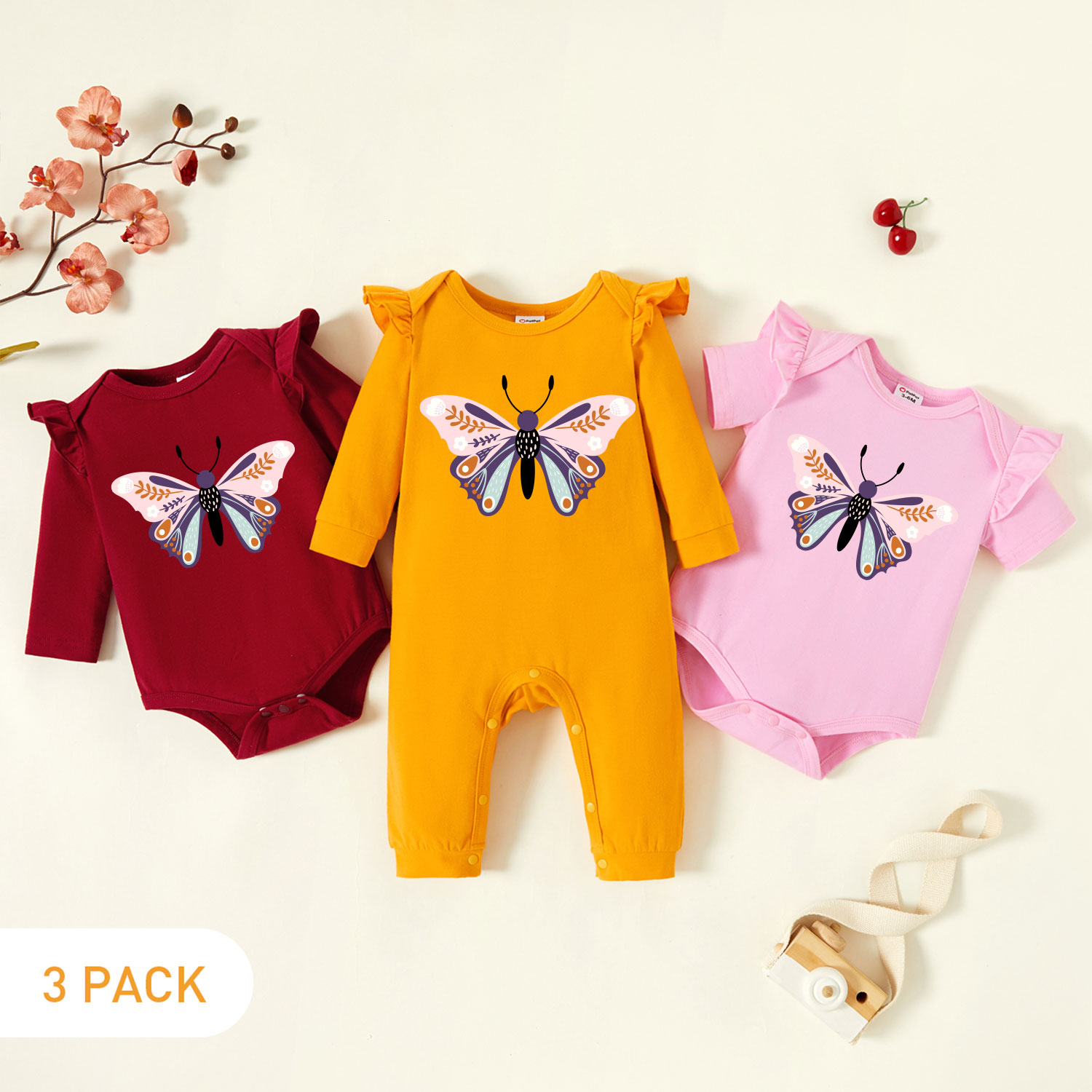 

3-Pack Baby Girl Graphic Butterfly Print Ruffled Romper Jumpsuit Set