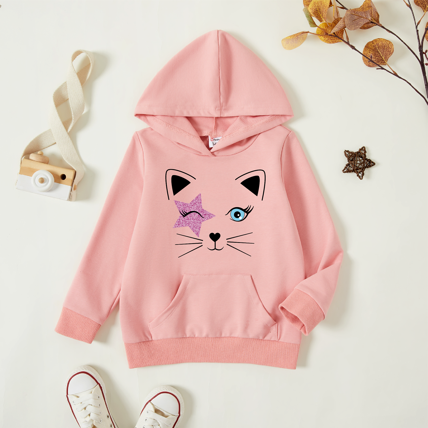 

Toddler Cat Print Pocket Design Pink Hoodie Sweatshirt