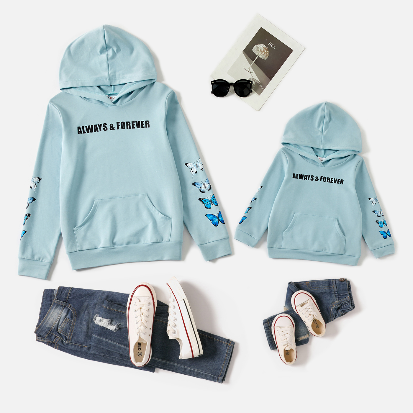

Letter and Butterfly Print Blue Long-sleeve Hoodie Sweatshirt for Mom and Me