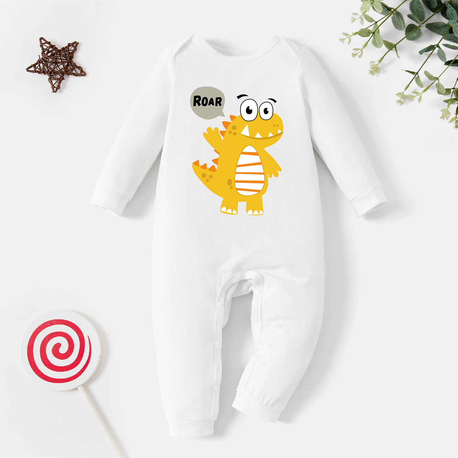 

Baby Cartoon Dinosaur Print Graphic White Long-sleeve Jumpsuit