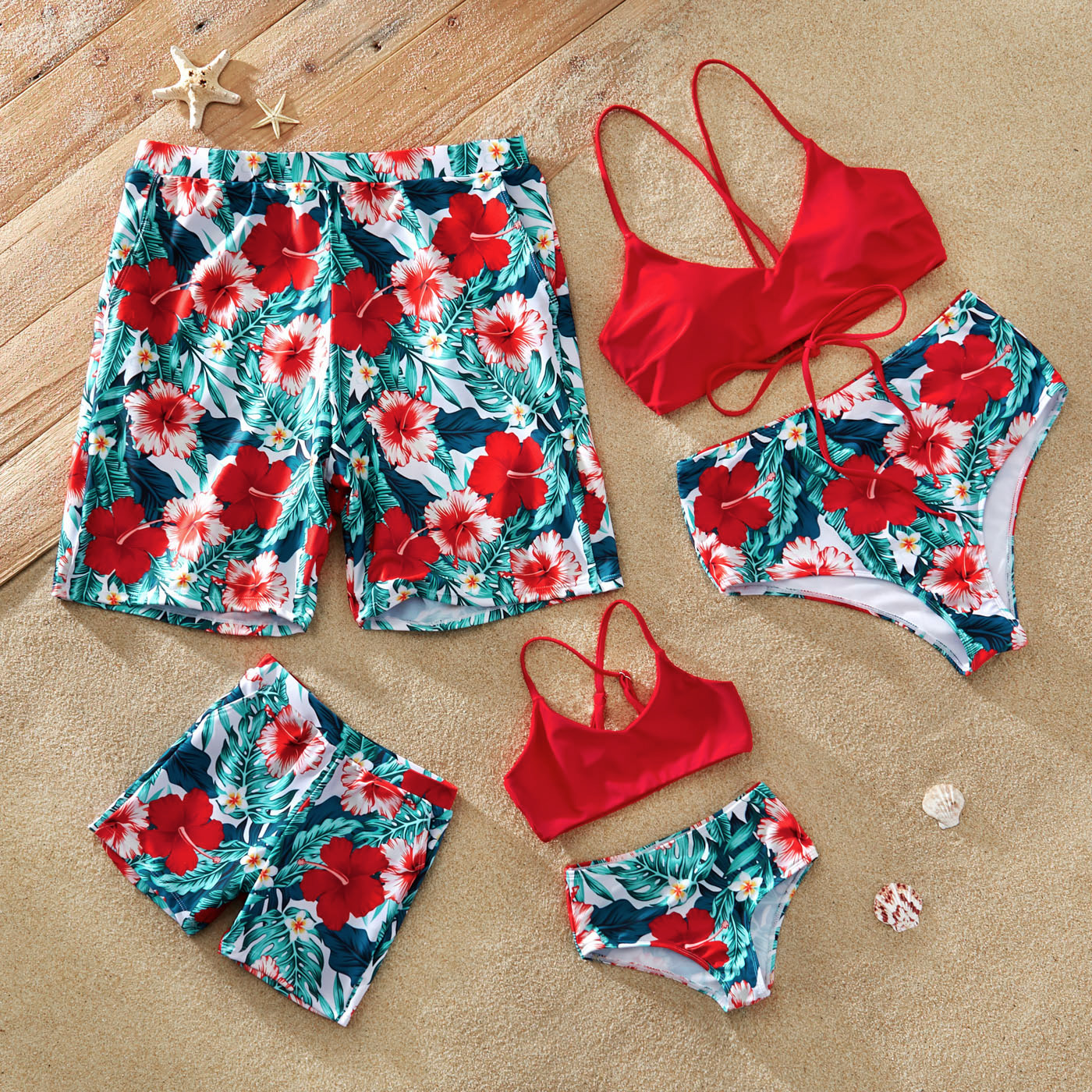 

Family Matching Allover Floral Print Swim Trunks Shorts and Spaghetti Strap Two-Piece Swimsuit