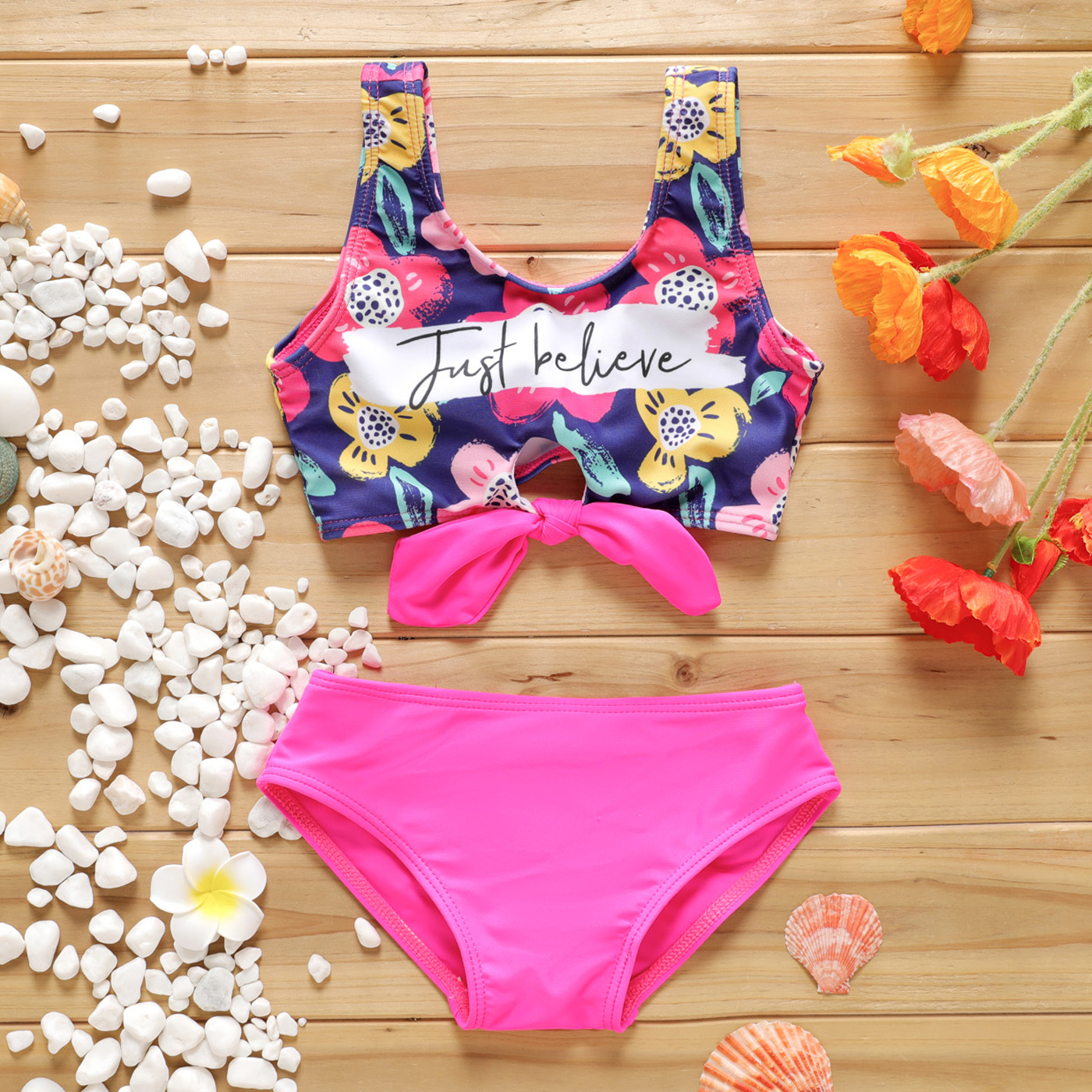 

2pcs Toddler Girl Letter Floral Print Tie Knot Top and Briefs Bikini Swimsuit Set