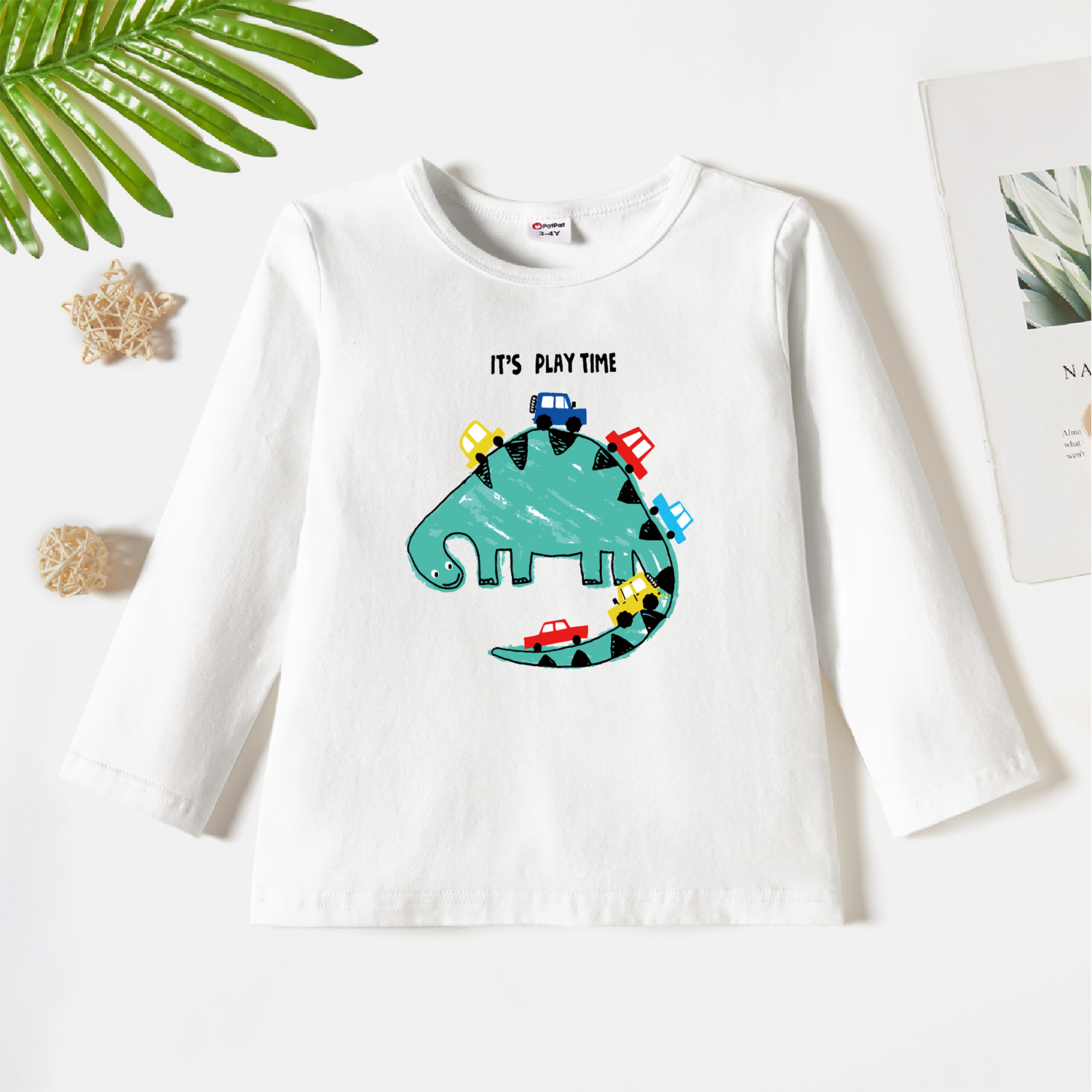 

Toddler Boy/Girl Playful Dinosaur Print Long-sleeve White Tee